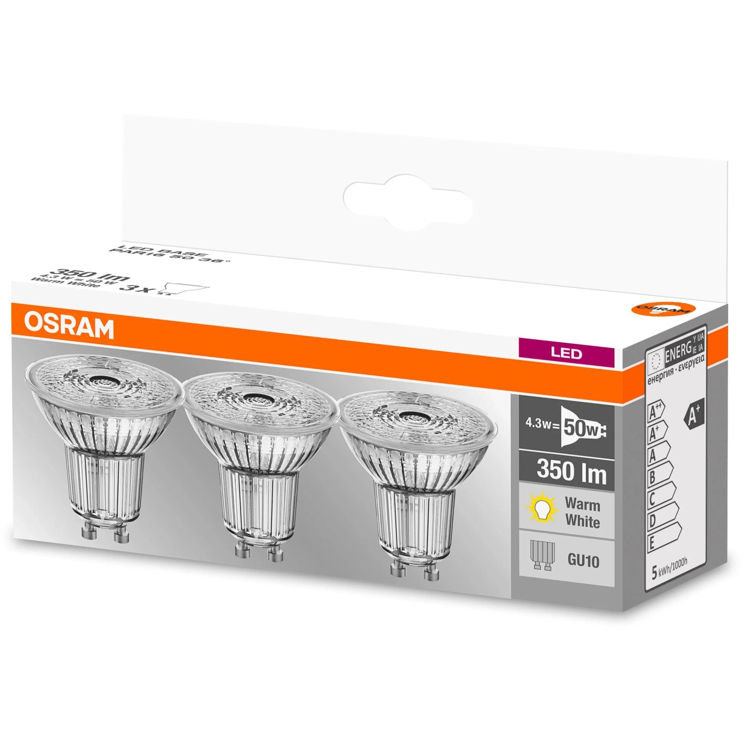 Osram LED GU10 Leuchtmittel, 4,3W, warmweiß, 3er-Set. Energiesparende LED-Spots für Wohnräume.