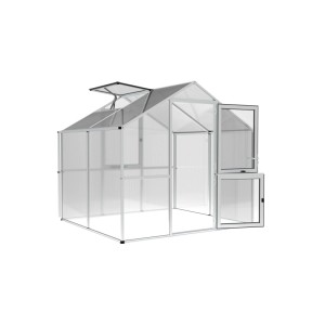 Rechteckiges KGT Gewächshaus Alu blank mit transparenten Doppelstegplatten, offenem Dachfenster und Tür.