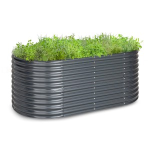 Blumfeldt High Grow Hochbeet, 200x80x100 cm, Stahl-Wellblech, oval, anthrazit, bepflanzt.
