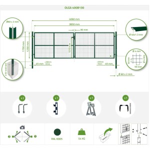 Technische Zeichnung: Casanoov Zauntor 2-flügelig & Zauntür 1-flügelig Olga, 130 cm hoch, grüne Stahlkonstruktion.