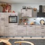 Moderne pino Küchenzeile, 340 cm, Beton Perlgrau, mit Geräten, Apothekerschrank und Maßen.
