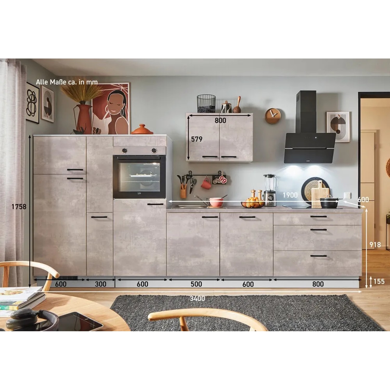 Moderne pino Küchenzeile, 340 cm, Beton Perlgrau, mit Geräten, Apothekerschrank und Maßen.