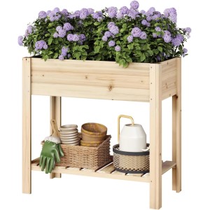 WOLTU Hochbeet Holz mit Blumenkasten Ablageboden 80x75x40 cm Holzfarbe