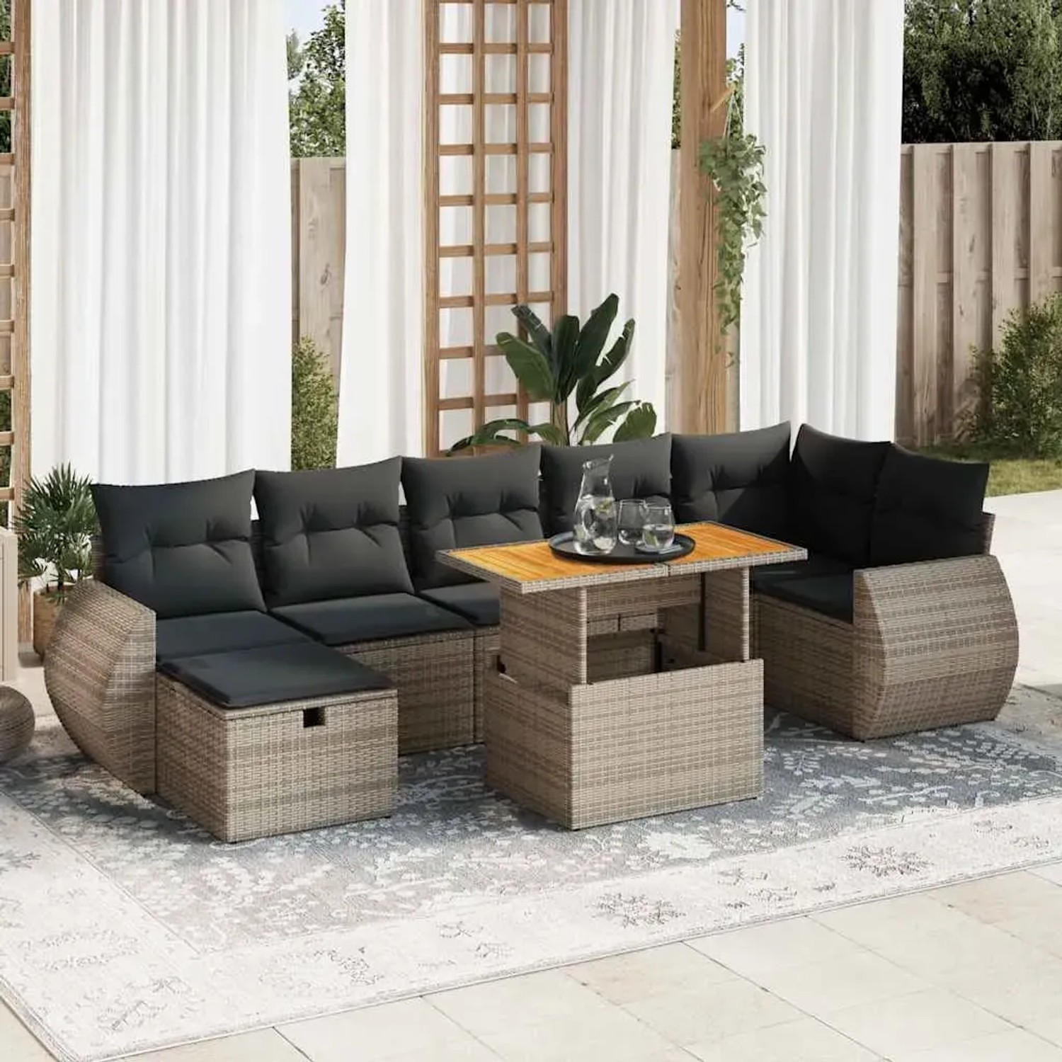 5-tlg. Garten-Sofagarnitur grau mit Kissen, Poly Rattan und Akazientisch. Modulare Gartenmöbel mit Stauraum.