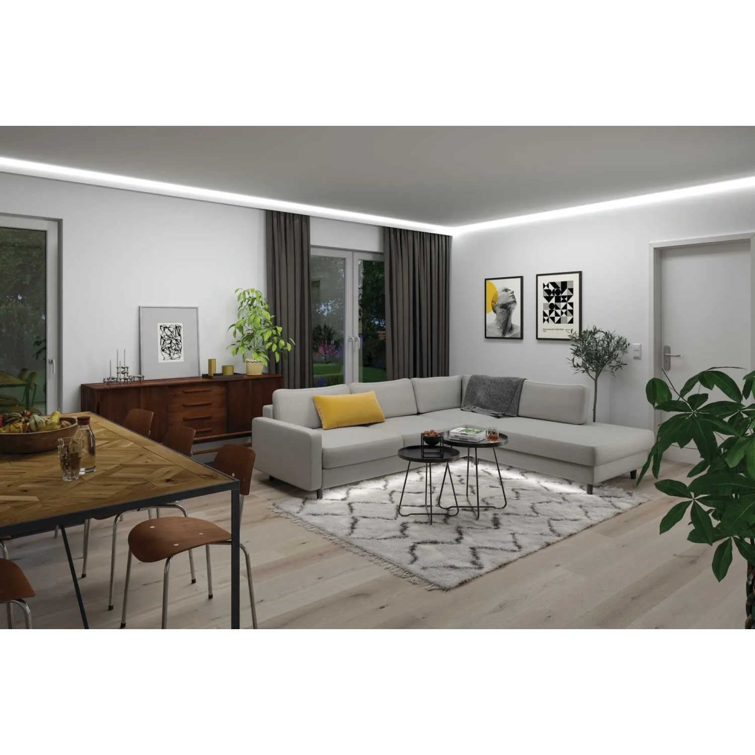 Wohnzimmer mit indirekter Beleuchtung durch Paulmann MaxLED 1000 RGBW LED-Strip.
