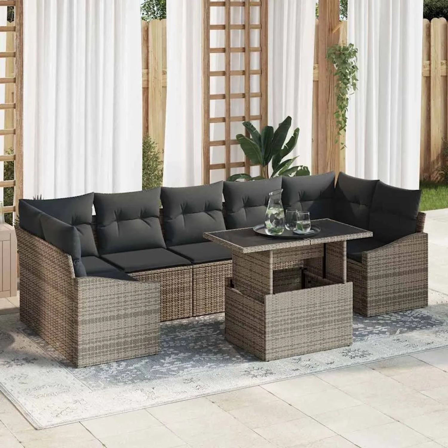 Graues 8-tlg. vidaXL Garten-Sofa-Set aus Poly Rattan mit Tisch und Auflagen für Terrasse und Garten.