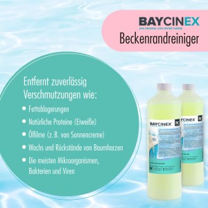 Zwei Flaschen Baycinex Beckenrandreiniger (15x1l) für die Poolreinigung. Entfernt zuverlässig Verschmutzungen.