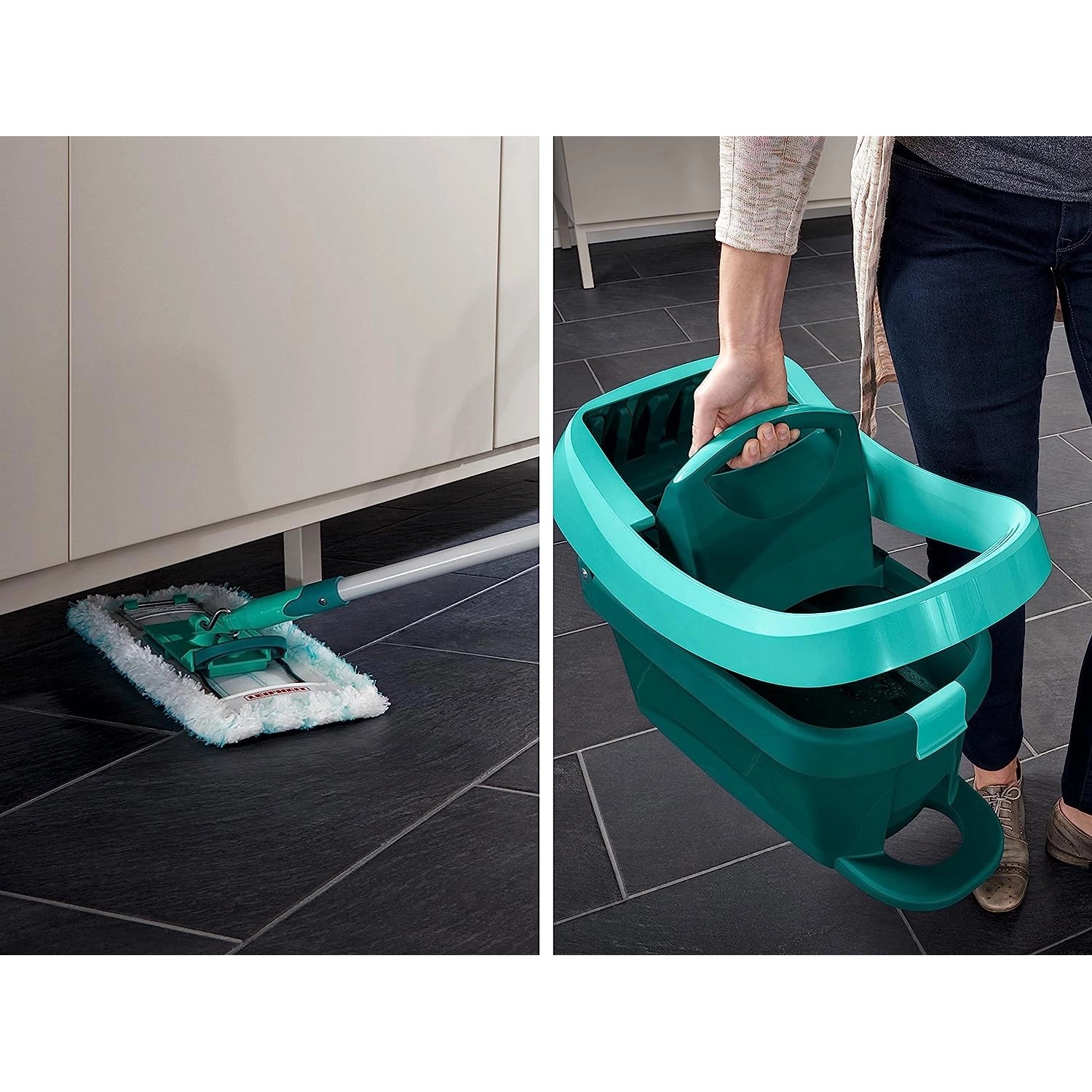 Leifheit Bodenwischer Profi XL Set mit Wischtuchpresse und Staubwischer im Einsatz.