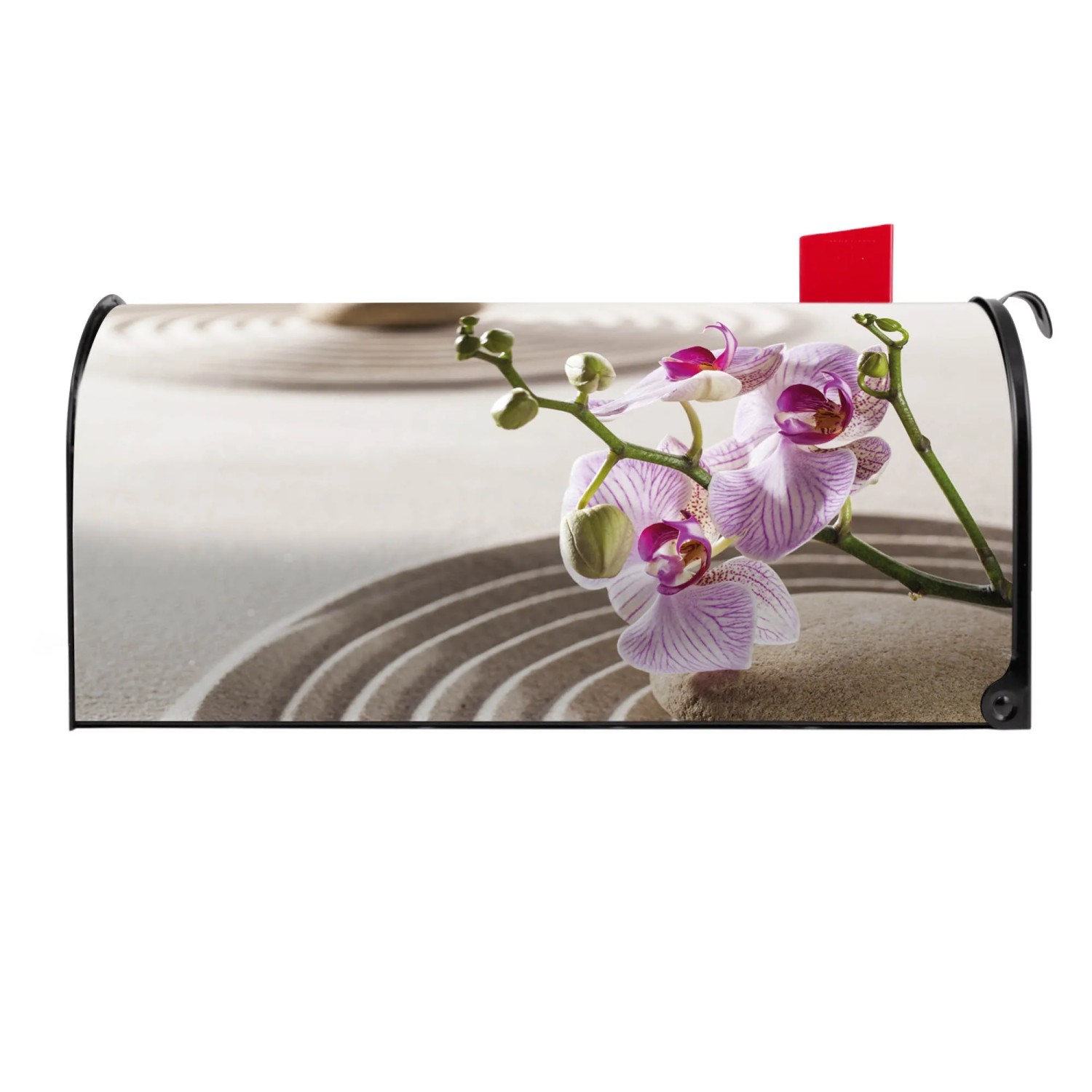 Schwarzer Banjado US Briefkasten mit Zen Relax Motiv (Orchidee) aus pulverbeschichtetem Stahl.
