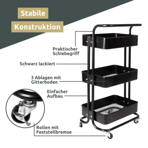 Schwarzer Rollwagen deluxe4home mit 3 Ablagen und Rollen für Bad oder Küche.