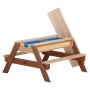Axi Sand- und Wasser-Picknicktisch Nick, braunes Holz mit blauen Wannen, Tischplatte teilweise geöffnet.
