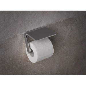Keuco Plan WC-Papierhalter aus Chrom mit Ablage, offenem Bügel und Toilettenpapierrolle an grauer Wand.