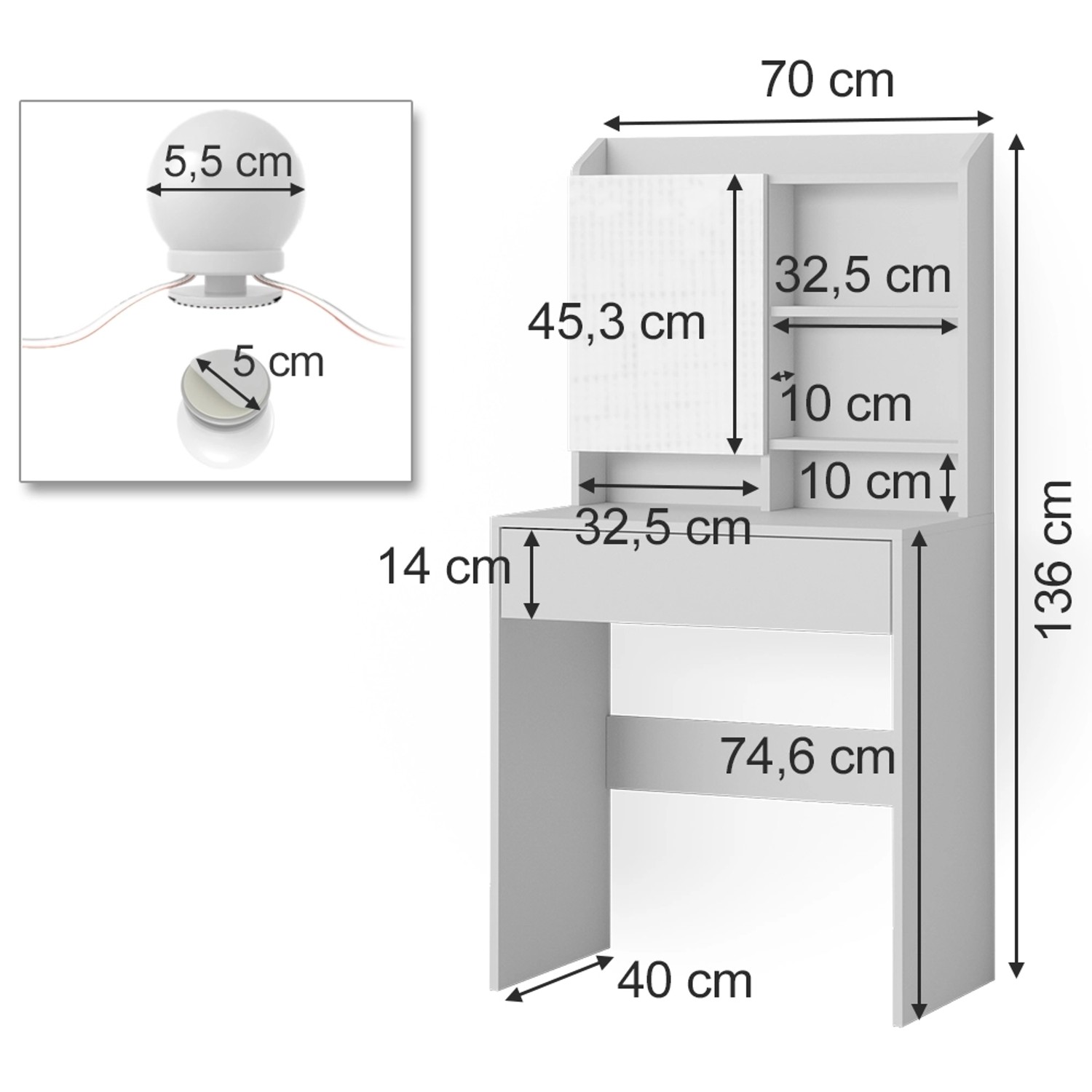 Vicco Schminktisch Laura, weiß, 70 cm breit, mit LED-Beleuchtung. Schema mit Maßen.