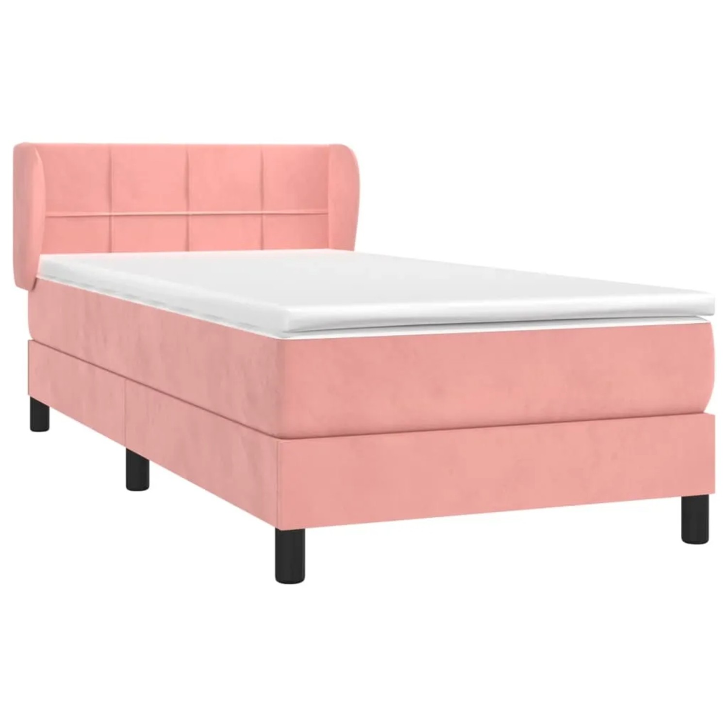 Rosa Boxspringbett (90x190 cm) mit Samtbezug, Kopfteil und Matratze für erholsamen Schlaf.