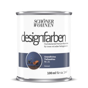 Schöner Wohnen Designfarbe Unendliches Tiefseeblau, 100ml Dose. Bunte Wandfarbe für Innen.