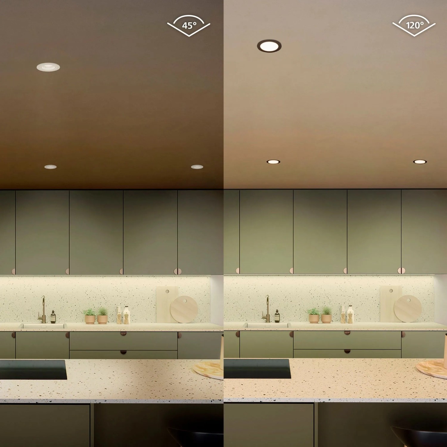 Philips Hue Einbauspot Slim, schwarz, mit verschiedenen Lichtwinkeln in einer Küche.