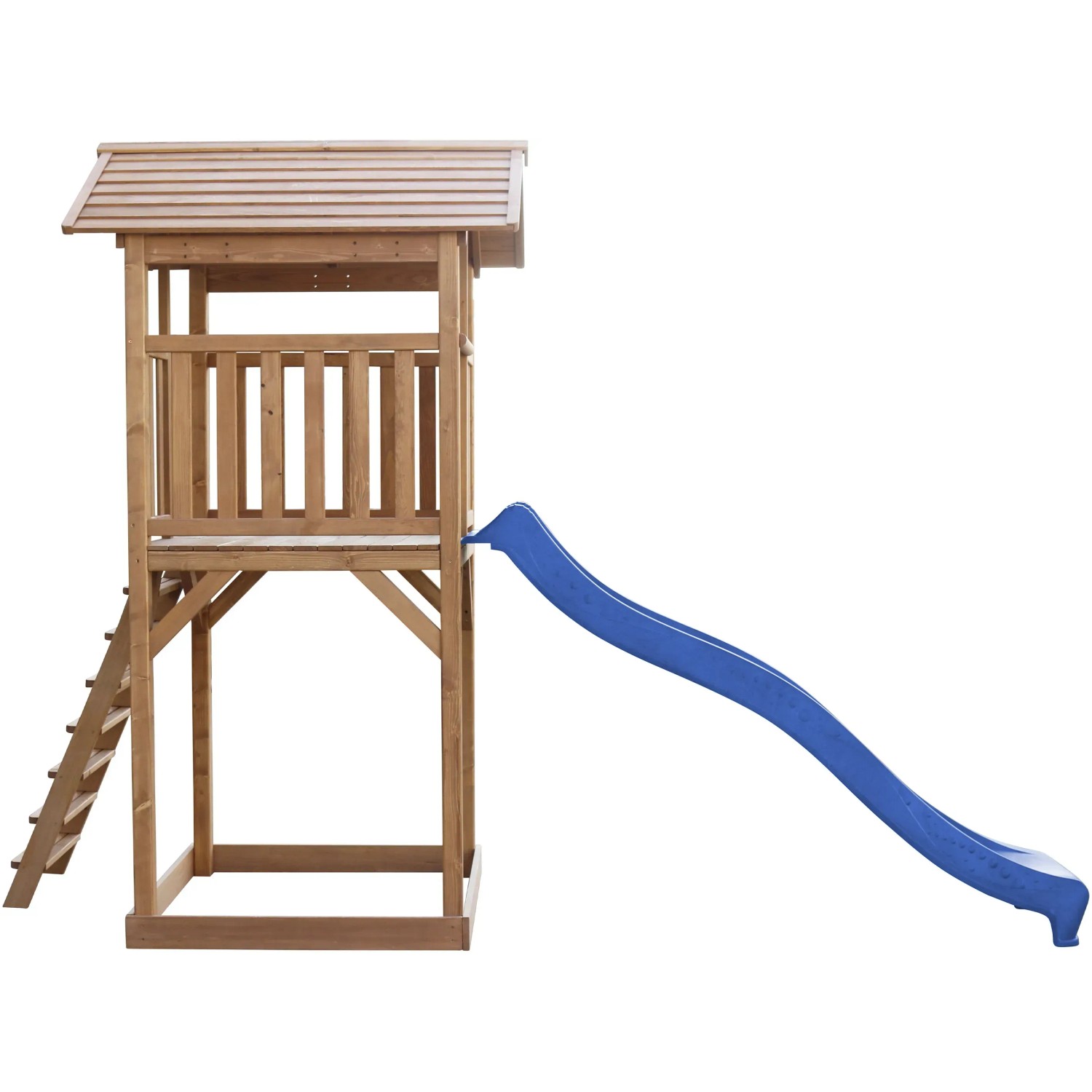 Axi Beach Tower Spielturm aus Holz mit blauer Rutsche und Leiter.