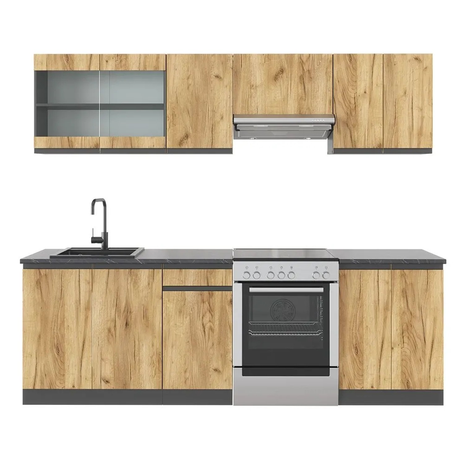 Vicco Küchenzeile R-Line Goldkraft Eiche/Anthrazit 240 x 82 J-Shape