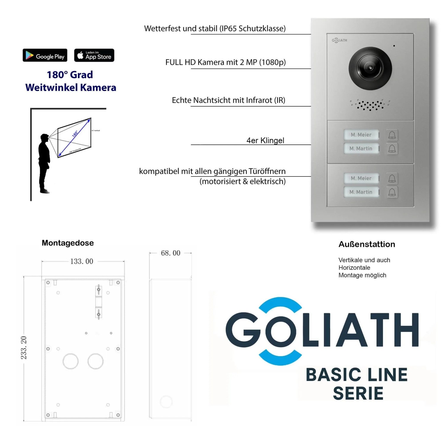 Goliath Video Türsprechanlage für 4 Familien, mit Aussenstation in Silber und schwarzem Monitor.