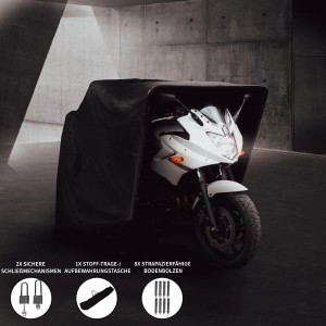 Monstershop Motorrad Garagenzelt XL mit Motorrad, schwarzer Wetterschutz mit Stahlrahmen.