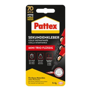 Pattex Sekundenkleber Mini-Trio, 3x1g, flüssig, für schnelle Reparaturen im Haushalt & Werkstatt.