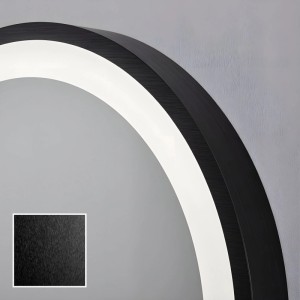ARTFORMA LED Badspiegel 80 cm: Detail des runden Spiegels mit schwarzem Mattrahmen und heller LED Beleuchtung. Inset zeigt Textur.