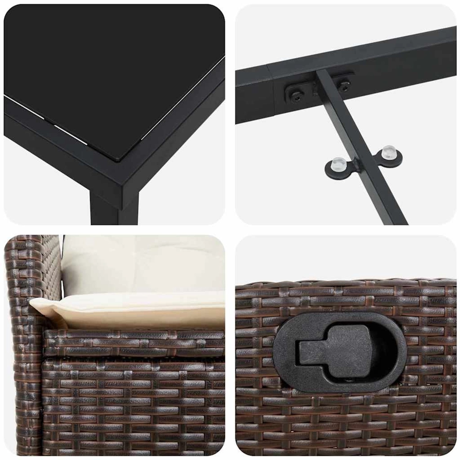 Detailansichten der braunen vidaXL Garten Essgruppe aus Polyrattan, bestehend aus Tisch und Stühlen.