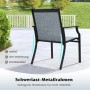Gartenstuhl mit anthrazitfarbenem Metallrahmen, breiter Stoffbespannung, Armlehnen und gebogenen Hinterbeinen.