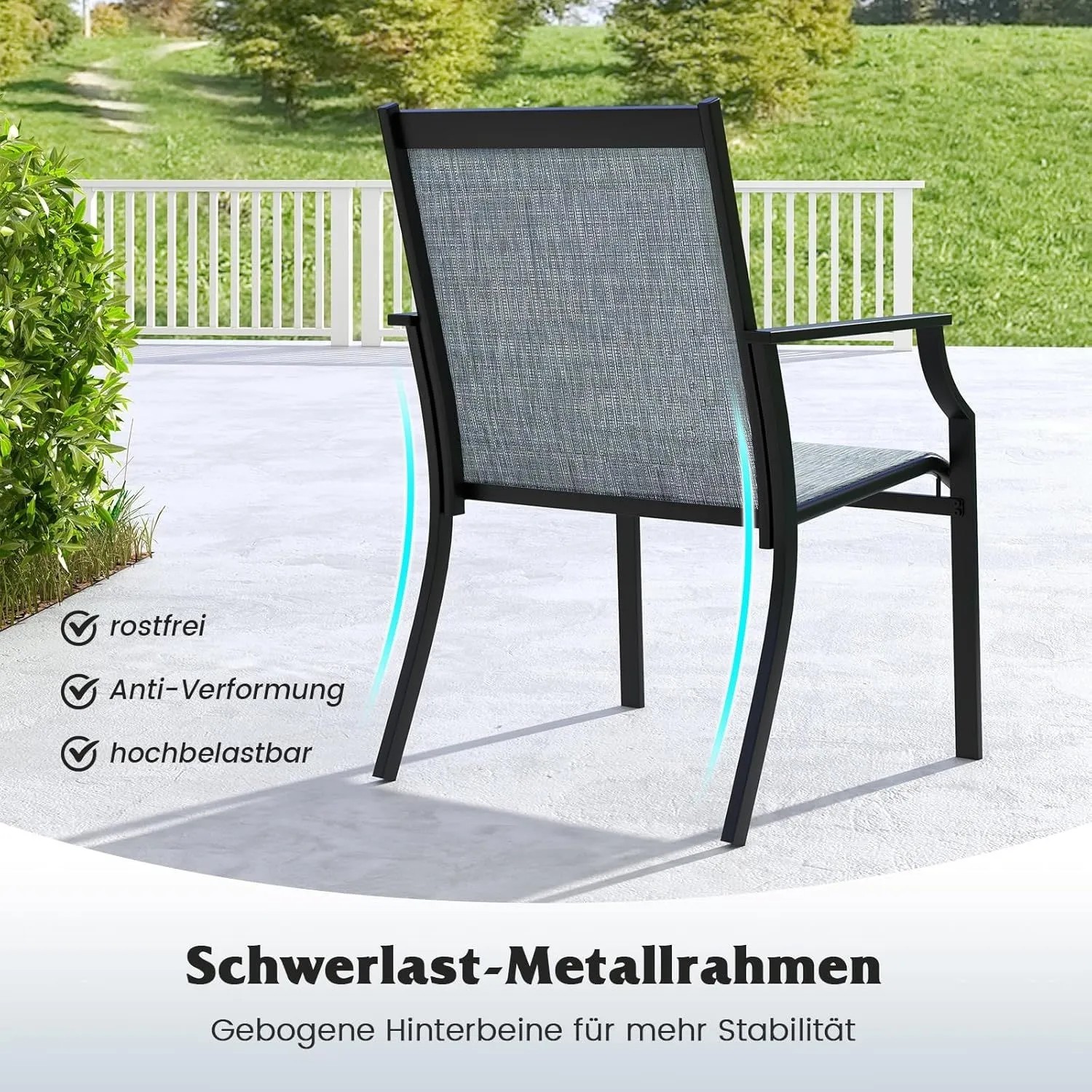 Gartenstuhl mit anthrazitfarbenem Metallrahmen, breiter Stoffbespannung, Armlehnen und gebogenen Hinterbeinen.