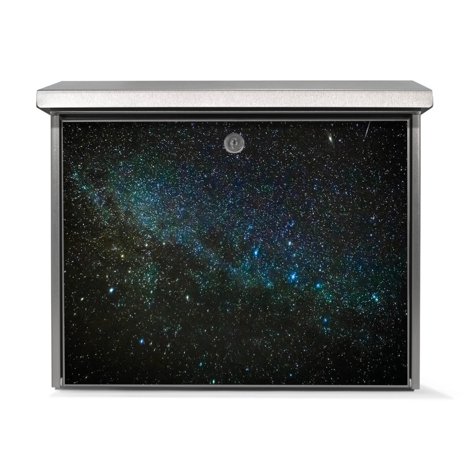 Edelstahl Briefkasten mit Nachthimmel Motiv, ohne Zeitungsfach. Wetterfest und rostfrei.