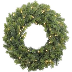 LED Kunstkranz in Tannenoptik mit warmweißen Lichtern für festliche Dekoration.