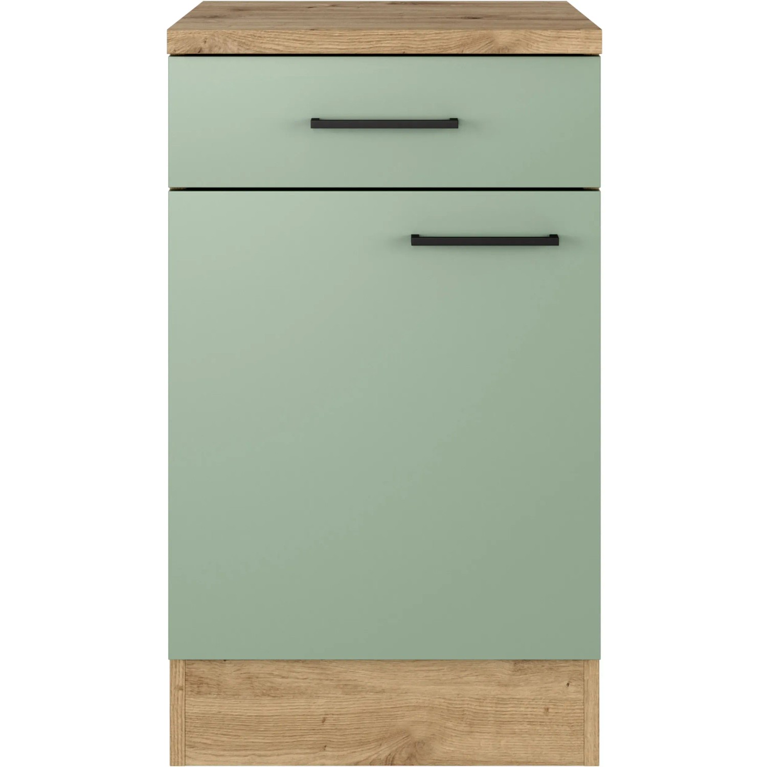 Flex-Well Unterschrank Cara, 50 cm, Schilfgrün/Artisan Eiche, mit Schublade und Tür.