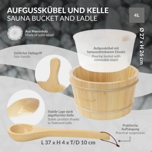 LuxeBath Saunazubehör Set 2 Teilig aus Massivem Kiefernholz Aufgusskübel und Schöpfkelle