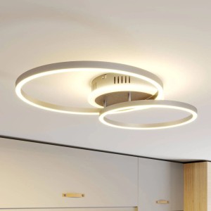 Moderne, dimmbare LED Smart Home Deckenleuchte Edica in Alu mit Leselampe. Wohnzimmerleuchte mit Kreisen.