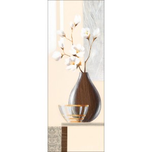 Leinwandbild Brown Oval Vase: Dekorative Kunst mit Blumen in brauner Vase und Glasschale.