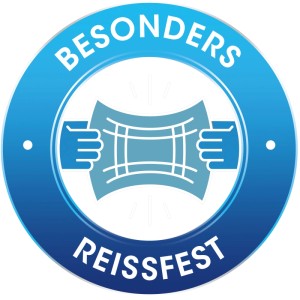 Blaues Siegel 'BESONDERS REISSFEST' für Swirl Staubsaugerbeutel S 73 EcoPor. Hände dehnen Material.