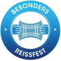 Blaues Siegel 'BESONDERS REISSFEST' für Swirl Staubsaugerbeutel S 73 EcoPor. Hände dehnen Material.
