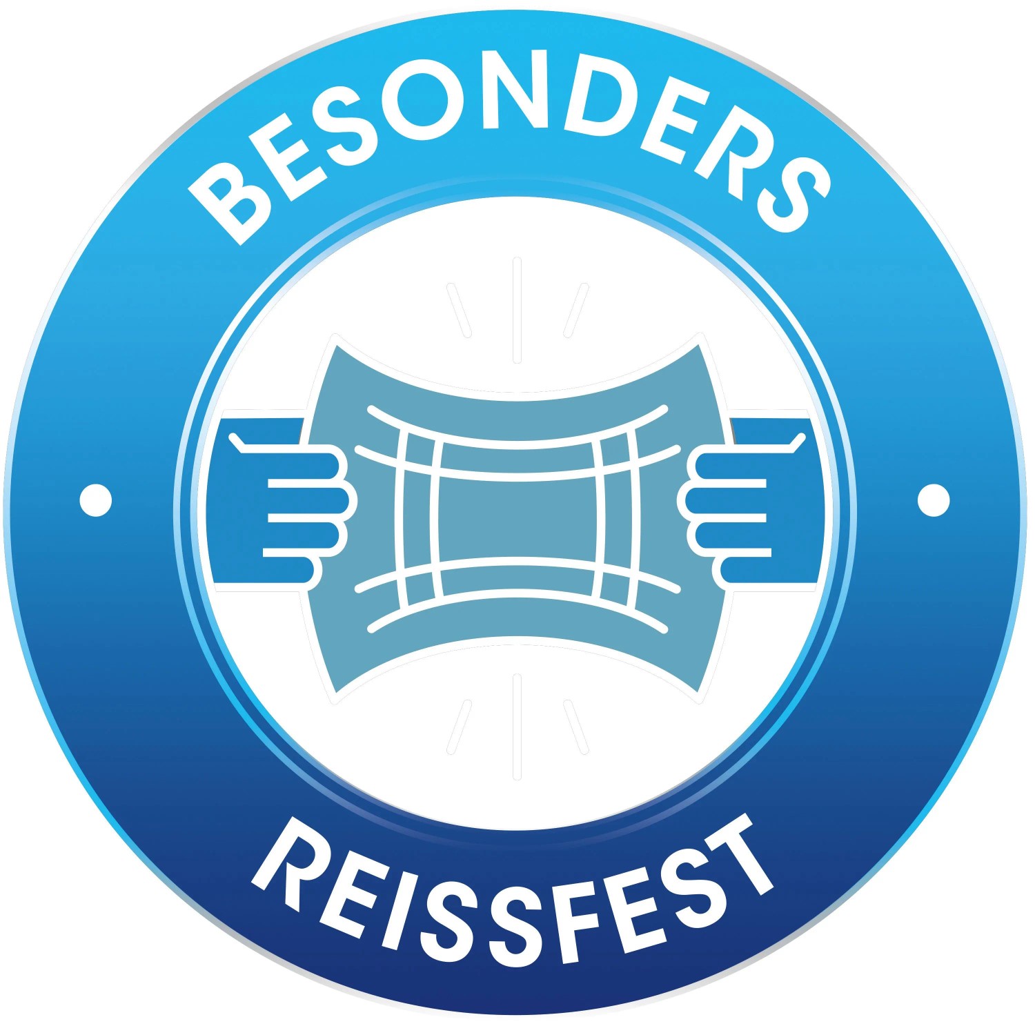 Blaues Siegel 'BESONDERS REISSFEST' für Swirl Staubsaugerbeutel S 73 EcoPor. Hände dehnen Material.