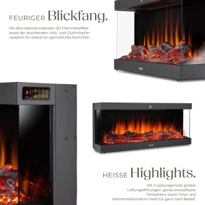 Schwarzer Tectake Elektro Wandkamin Luciano mit realistischem 3D Flammeneffekt, Holz- und Glutimitation. 2 Heizstufen.