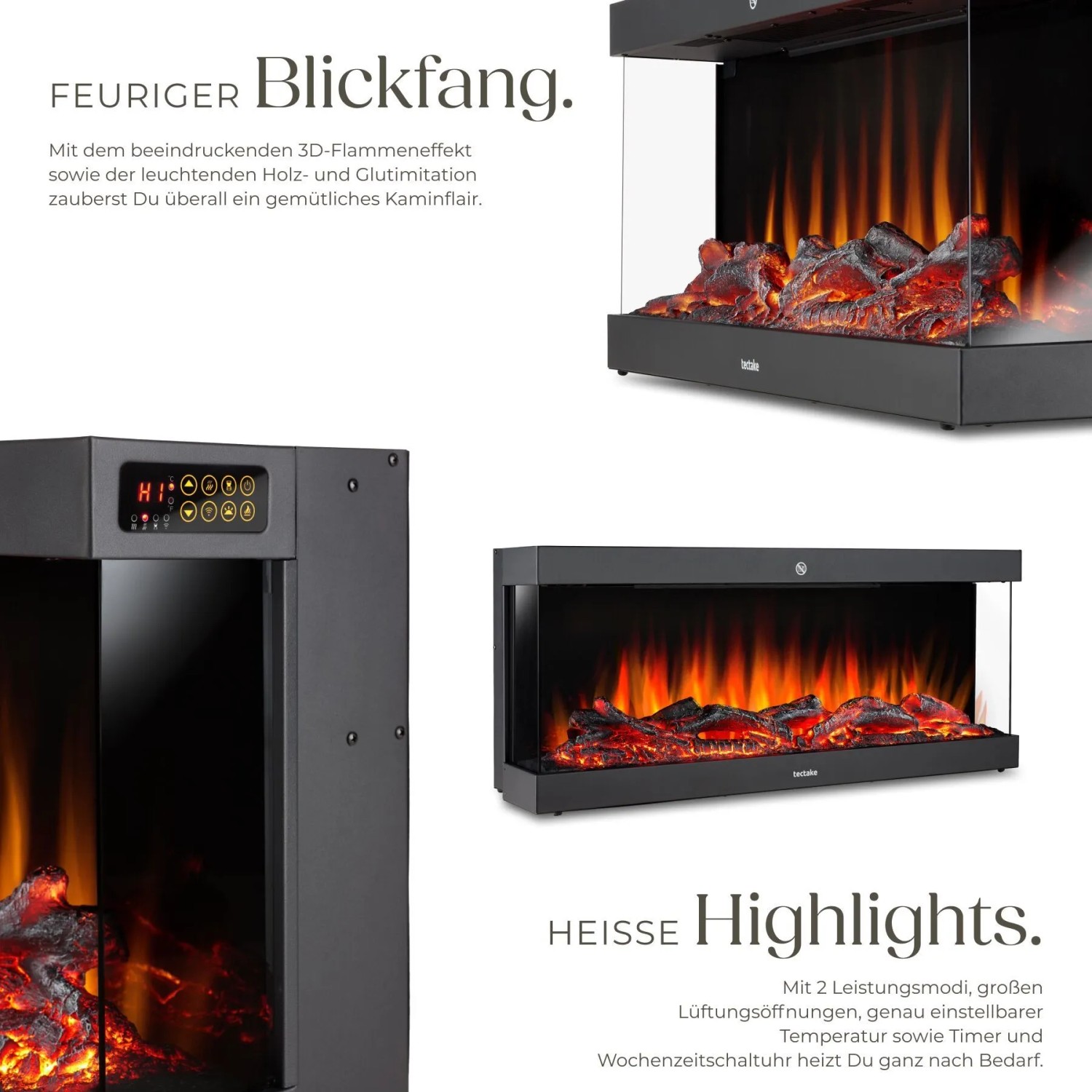 Schwarzer Tectake Elektro Wandkamin Luciano mit realistischem 3D Flammeneffekt, Holz- und Glutimitation. 2 Heizstufen.