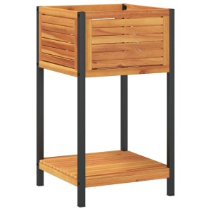 vidaXL Pflanzkübel aus Akazienholz und Stahl, 45x45x80 cm, mit Ablage für Gartenzubehör.