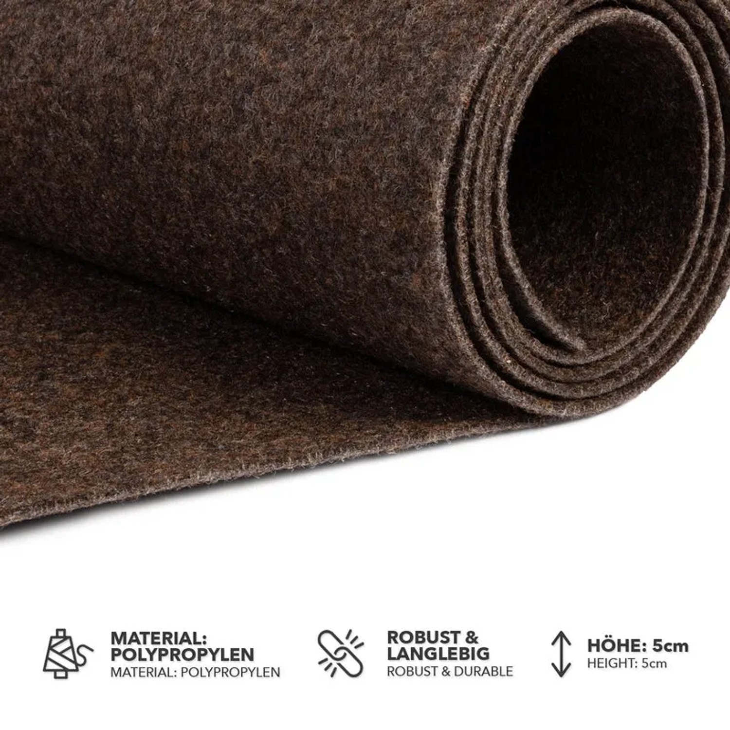 Brauner Eventteppich Turbo, individuell zuschneidbar, gerollt. Strapazierfähiger Teppichboden für Messen und Events.