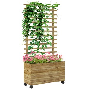Outsunny Garten-Bett aus Tannenholz mit Spalier, Naturholz, mit Rädern für Blumen und Pflanzen.