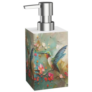 SANILO Seifenspender Petalo, rechteckig, weiß mit silberner Pumpe und farbenfrohem Kolibri-Blüten-Motiv für Bad & Küche.