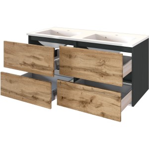 Held Möbel Doppelwaschtisch Bari 120 cm, Eiche Natur Matt, mit vier Schubladen und Softclose.