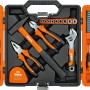 Geöffneter OBI Werkzeugkoffer (62-teilig) mit Hammer, Zangen, Schraubenschlüssel und weiterem Werkzeug.