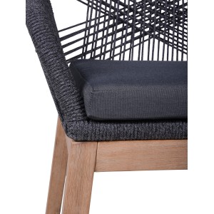 Detailansicht: Anthrazit-brauner Garden Pleasure Stuhl Pomona aus Akazienholz mit Seilbespannung und Polster.
