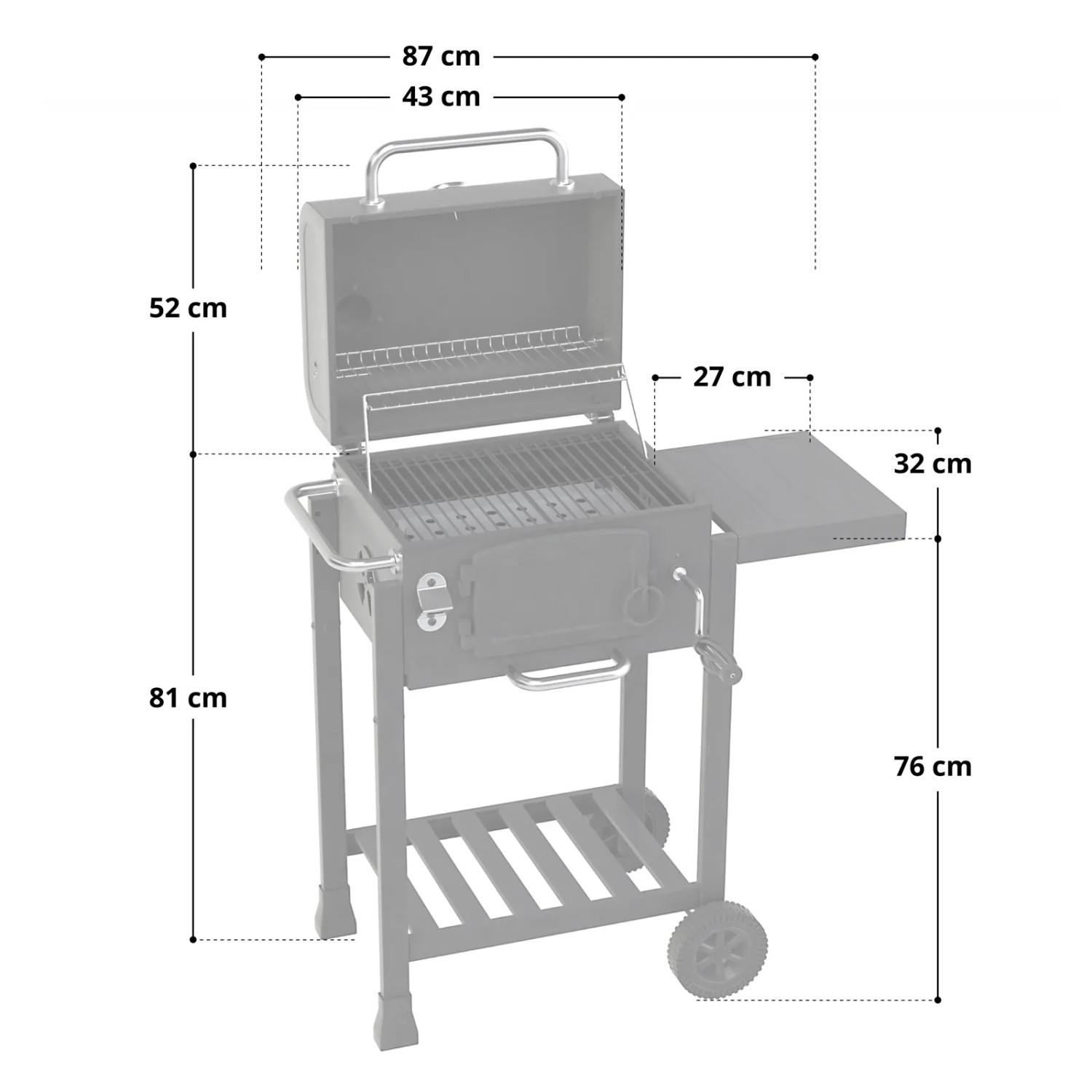 Taino Hero Holzkohlegrill Set mit Haube, Smoker, Grillwagen, Standgrill und Räucherofen. Kompaktes Design mit Seitentisch.