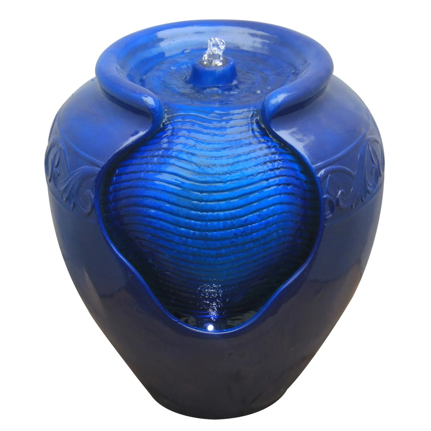Blauer Teamson Home Gartenbrunnen in Topfform mit LED-Beleuchtung.