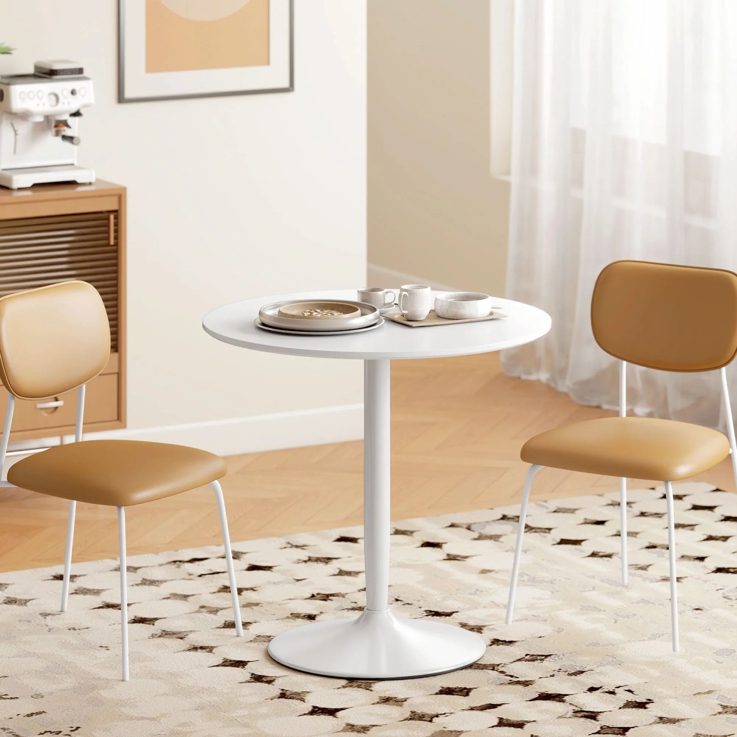 Weißer runder HOMCOM Esstisch aus MDF und Stahl, 80 cm Durchmesser, mit zwei Stühlen in modernem Esszimmer.